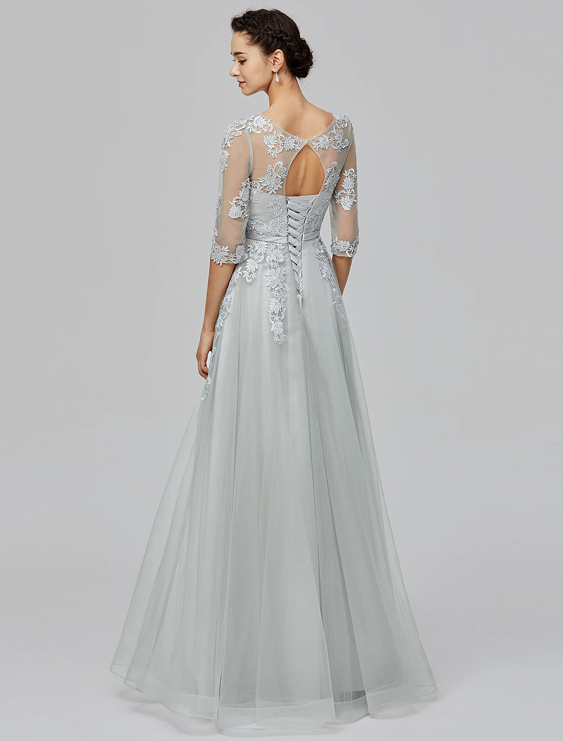 A-Linie Empire-Kleid Hochzeitsgast Ball Bodenlang Halbarm Illusionsausschnitt Tüll mit Schleife(n) Applikationen
